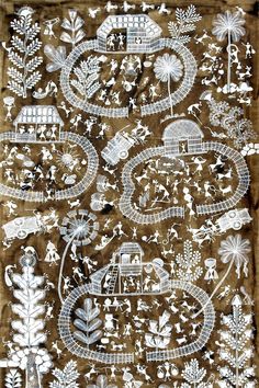 an embroidered cloth with white and black designs on brown fabric, depicting people in the woods