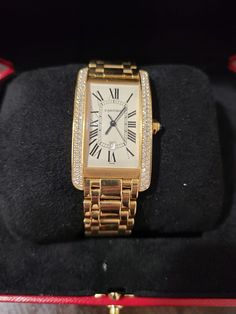 Beautiful Cartier Tank Americaine X-Large size, 37mm x 27mm, with diamond bezel, just beautiful! Extra insurance cost for shipping $200. Gold now over $2500 an ounce! Cartier Tank Americaine, Watch Womens, Tank Watch, Cartier Tank, Just Beautiful, Bezel Diamond, Cartier, Accessories Watches, Womens Watches