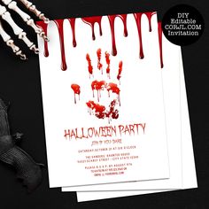 two halloween party cards with blood dripping from them