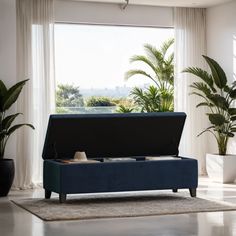 a blue couch sitting in front of a window next to a potted palm tree