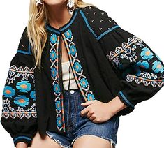 Amazon.com: R.Vivimos Womens Autumn Cotton Vintage Embroidered Lantern Sleeve Short Jacket Casual Coat Pockets: Clothing Bohemian Jackets, Hippie Blouse, Boho Jacket, Mode Boho, Jane Birkin, Styl Boho, Kimono Cardigan, Embroidered Jacket, Boho Stil