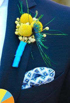 a man wearing a blue suit with yellow flowers on it's lapel pin