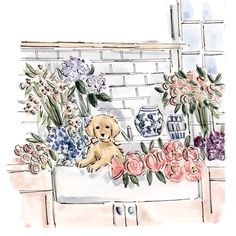 a drawing of a dog sitting in a bathtub with flowers