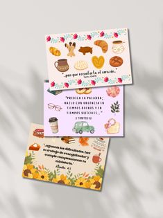 two business cards with different types of food and drinks on them, one has an image of