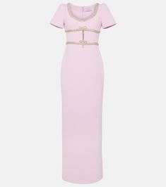 Crystal-embellished crêpe gown in pink - Self Portrait | Mytheresa Wedding Dress Pink, Self Portrait Clothing, Designer Shopping, Crepe Gown, Embellished Neckline, Elegant Dresses Classy, Mob Dresses, Portrait Wedding, Blazer Fashion