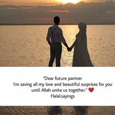 a couple holding hands while standing in the water at sunset with an open message below