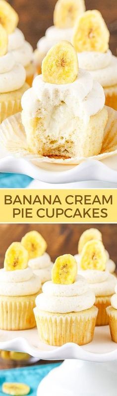 banana cream pie cupcakes with white frosting and sliced bananas on top