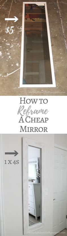 the before and after pictures show how to remove a cheap mirror from its place on the floor