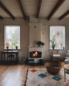 a living room filled with furniture and a fire place in the middle of a room