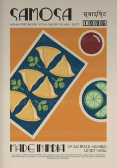 an advertisement for samosa with oranges and lime