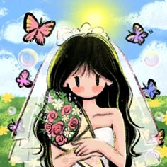 a painting of a bride holding flowers and butterflies