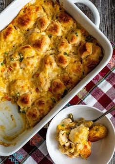 a casserole dish with chicken and vegetables in it next to a bowl of potatoes