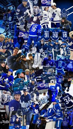 a collage of hockey players in blue and white