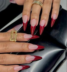 Red French Holiday Nails, Wine Red Stiletto Nails, French Tip Acrylic Almond Nails, March 2023 Nails, Acrylic Nails For Work, Deep French Nails, 2024vision Board, Nails For Work, Red French Tip