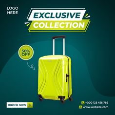 an advertisement for luggage on sale with the words, we are here and below it is a yellow suitcase