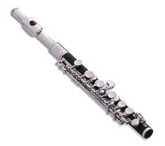 a silver and black flute with white knobs sitting on top of it's head