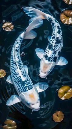 two koi fish swimming in the water with lily pads on the bottom of it