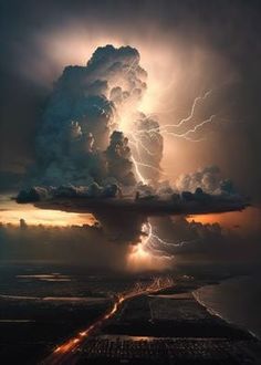 a large cloud with lightning coming out of it's center surrounded by dark clouds