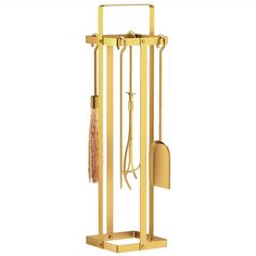 a golden metal stand with an umbrella and other items on it's sides, against a white background