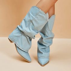 Pleated Cowgirl Thick Heels Western Boots Boots For Women 2023, Jean Boots, Botas Western, Jeans West, Denim Heels, Western Jeans, Boots Patterns, Denim Boots, Pointed Toe Boots