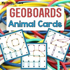 several different colored wires with the words geoboards animal cards