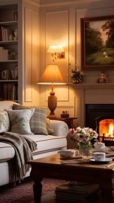 a living room filled with furniture and a fire place next to a painting on the wall