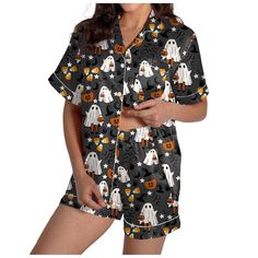 PRICES MAY VARY. ✅AND PLEASE NOTE TO CHECK THE SIZE CHART IN THE PRODUCT DESCRIPTION. (NOT AMAZON SIZE CHART!) 【Material】: Halloween Satin pajama set for women is made of Premium soft comfortable silk fabric.Ultra-soft, breathable, durableand and classic sleep set. 【Pajama Bottoms】:Two piece pajama shorts set for women with soft elastic waist that fits for any body size and makes relaxing as comfort as possible.This Halloween pjs for women Perfect for sleepwear,night wear or loungewear 【Pajama T Cute Halloween Clothes, Halloween Pajamas Women, Fall Pjs, Pinstripe Pants Women, Shorts Pjs, Nude Leggings, Hiking Shirts Women, Sparkly Tights, Halloween Pjs