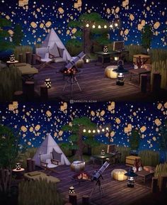 there are two pictures of a camp site with lights and lanterns in the night sky