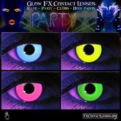 four different colored contact lenses for glow in the dark halloween eye makeup looks like they are glowing