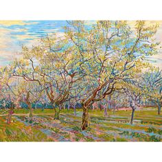 a painting of an orchard with trees in bloom