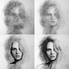 four different images of a woman's face with hair blowing in the wind and her eyes closed