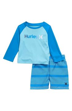 Hurley Toddler Boy's 2 Pc One & Only Rash Guard Swim Shorts Shoreline Set Brand new with tags Size:  4T Color:  Blue  MSRP:  $44.00 Long sleeve rash guard shirt UPF 50+ H2O Dry Raglan sleeves Logo on the front Swim shorts have an elastic waist Stripe print on the shorts 100% polyester