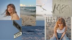 a collage of photos with the words new york written in sand and seagulls