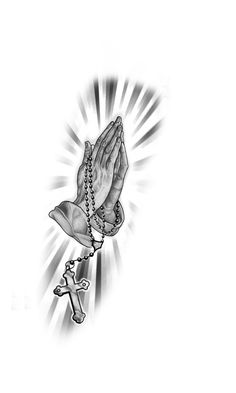 a black and white drawing of a praying hand with a cross hanging from it's end