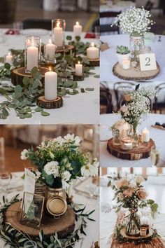 four different pictures of flowers and candles in vases on top of wooden slices with greenery around them