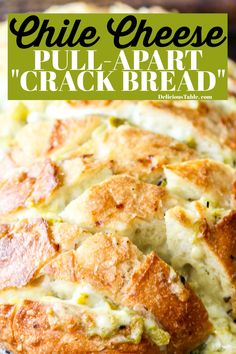 Cheesy, garlicky green chile pull apart bread (aka crack bread) works as a hot appetizer or dinner side dish baked to golden deliciousness! Tear Apart Bread Easy Recipes, Green Chile Cheese Pull Apart Bread, Green Chili Cheese Pull Apart Bread, Green Chili Pull Apart Bread, Bread For Chili, Cheese Pull Apart Bread, American Comfort Food Recipes, Pull Apart Cheese Bread, Cheese Pull Apart