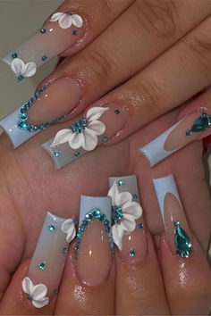 Matching Nails, 3d Nail Designs, Nagellack Trends, Girly Acrylic Nails, Blue French, Blue Nail Designs, Blue Nail, Unique Acrylic Nails, Long Square Acrylic Nails