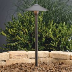 an outdoor lamp is in the middle of a bed of mulchy leaves and bushes