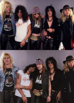 four different pictures of the same group of people in black and white outfits, one with blonde hair