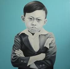 a painting of a young boy with his arms crossed, wearing a suit and tie