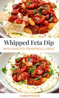 the cover of whipped feta dip with roasted tomatoes and garlic is shown in two separate images