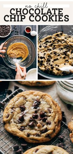 chocolate chip cookies on a cooling rack with text overlay that reads, no chill chocolate chip cookies