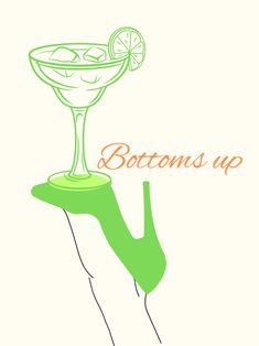 a drawing of a martini glass with limes in it and the words bottoms up