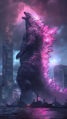 the godzilla is standing in front of some tall buildings