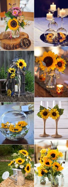 sunflowers in vases and candles are arranged on the table for an outdoor wedding