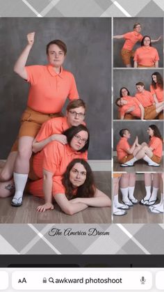 the family is posing for a photo in their orange shirts and brown shorts with white socks