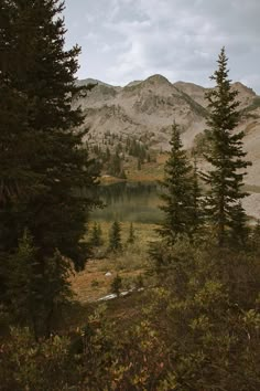 the mountains are in the distance with trees on each side and water at the far end