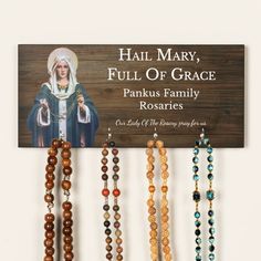 Personalized Hail Mary Pray For Us Rosary Hanger Rosary Hanger, Catholic Altar, Catholic Company, Catholic Decor, Catholic Crafts, Simple Signs, Praying The Rosary, Holy Rosary, Home Altar