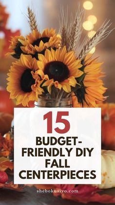 a vase filled with sunflowers sitting on top of a table next to pumpkins