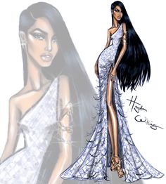 a drawing of a woman in a white dress with long black hair and high heels